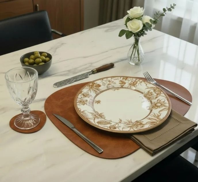 Lugar à mesa posto com jogo americano de couro, prato e talheres