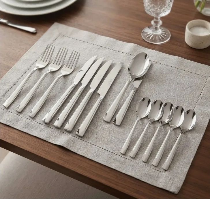 Faqueiro de inox com garfos, facas e colheres sobre jogo americano de linho